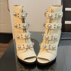 Karl Lagerfeld Paris women’s Brayden pearl embellished peep toe booties